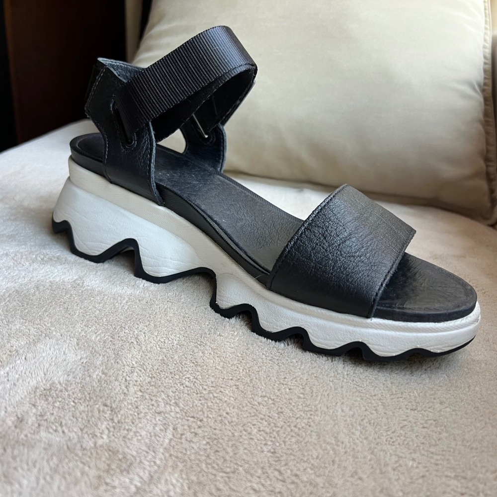 Sorel Black and White Platform Sport Sandals with Red Accent - Picture 3 of 15